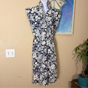 Vintage 70s Navy White Floral Cotton Sleeveless Midi Dress Resort Summer 11 12